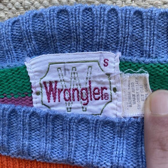 Vintage 70s Wrangler Striped Sweater Small Rainbow Acrylic Hippie Long Sleeve - Picture 4 of 7
